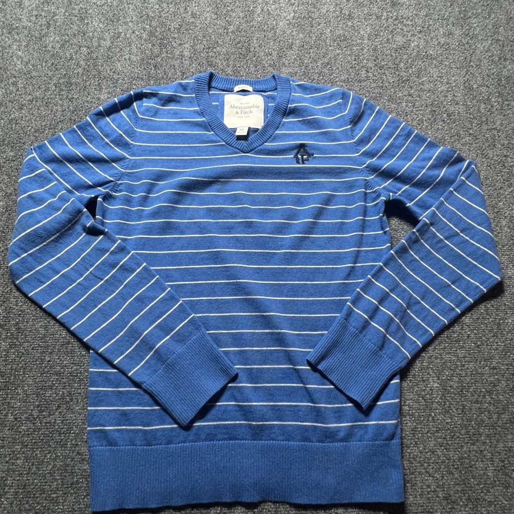 Abercrombie & Fitch Mens Muscle V-Neck Sweater Blue Striped XL Cashmere Blend